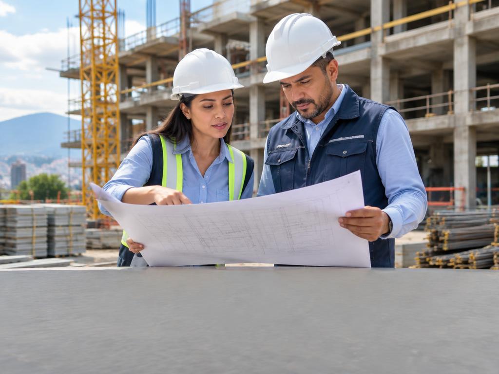 Profesionales de construcción revisando planos en una obra